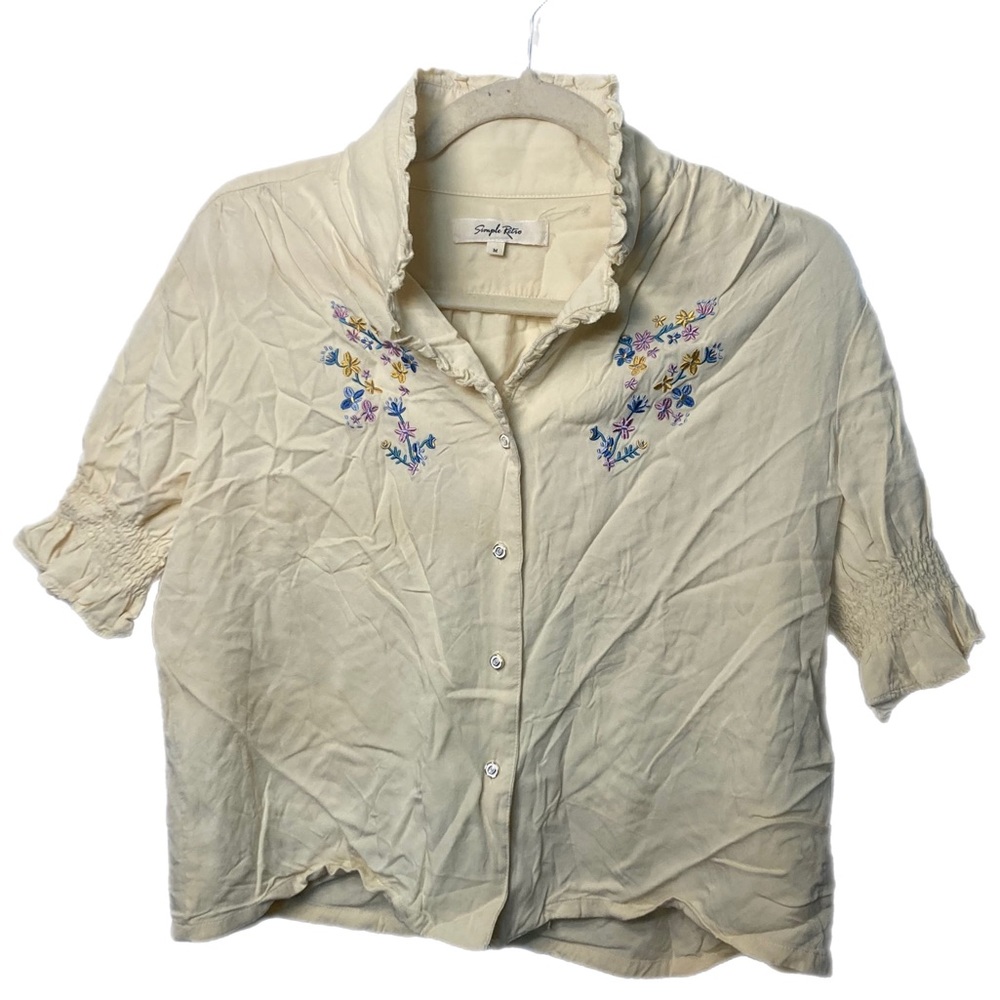 Cottage Core Flower Embroidery Cream Ruffled Collar Button Down Blouse